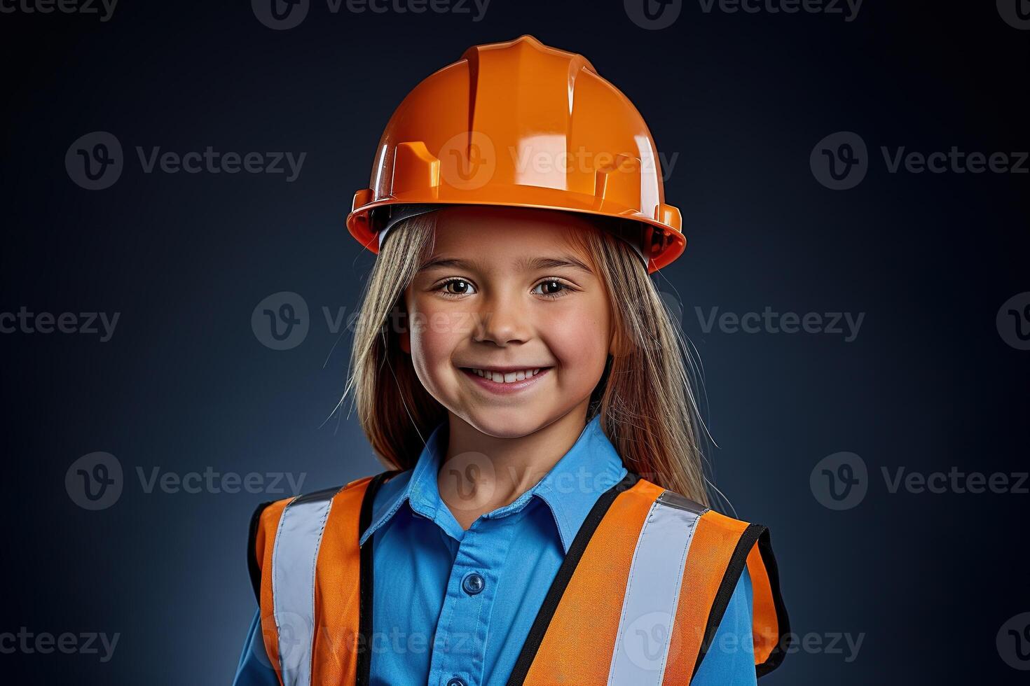 Portrait of a smiling little girl in a construction helmet photo