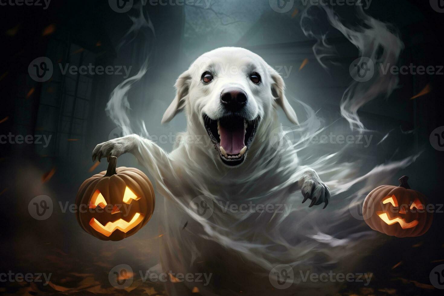 Halloween theme. dog in ghost costume with pumpkins on dark background AI Generated photo