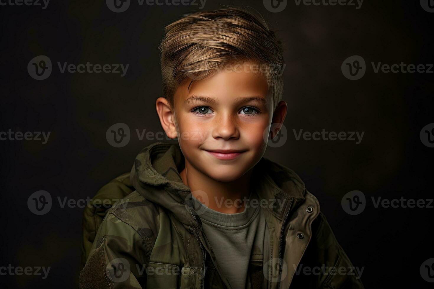 Portrait of a cute little boy in military uniform on dark background AI Generated photo