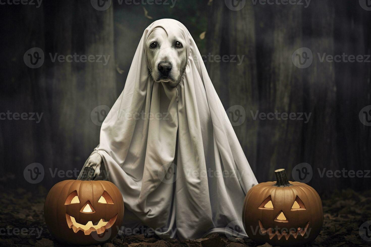 Halloween theme. dog in ghost costume with pumpkins on dark background AI Generated photo