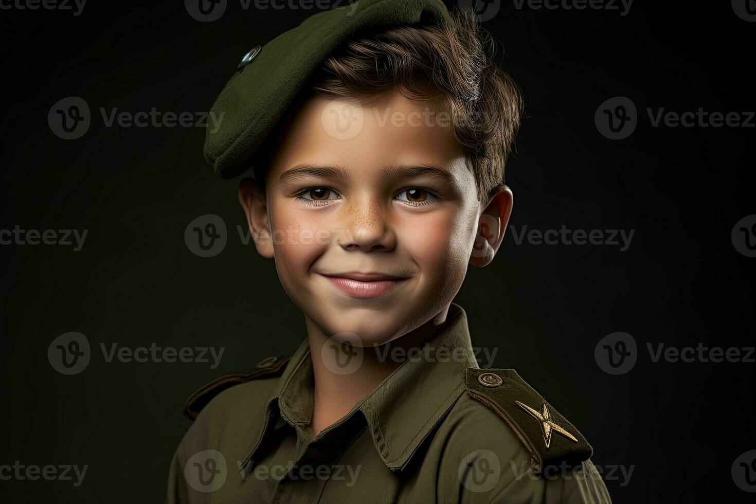 Portrait of a cute little boy in military uniform on dark background AI Generated photo
