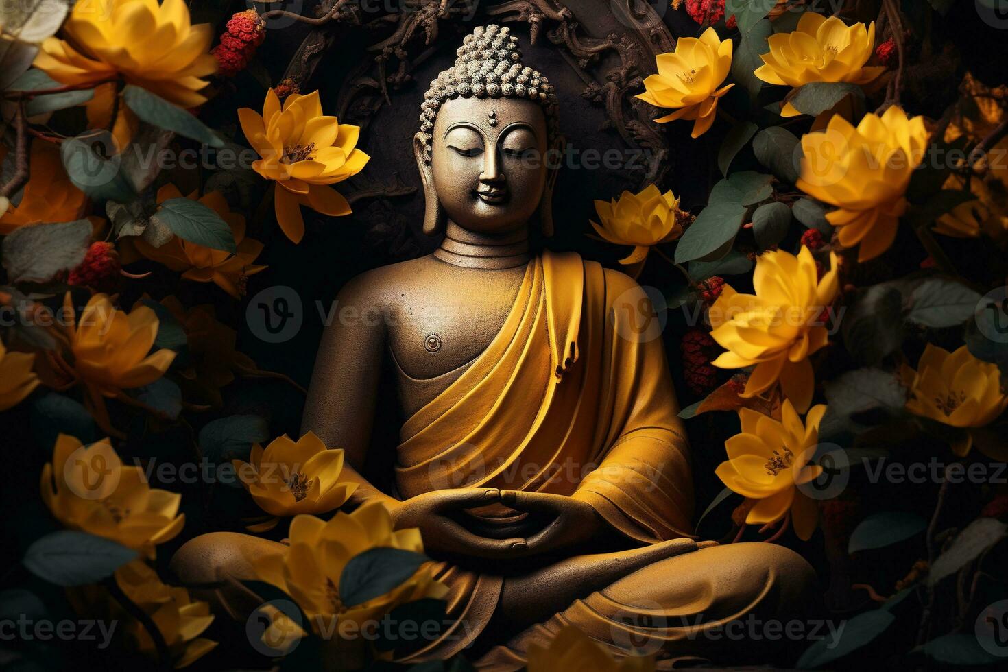 a golden buddha statue surrounded by flowers AI Generated photo