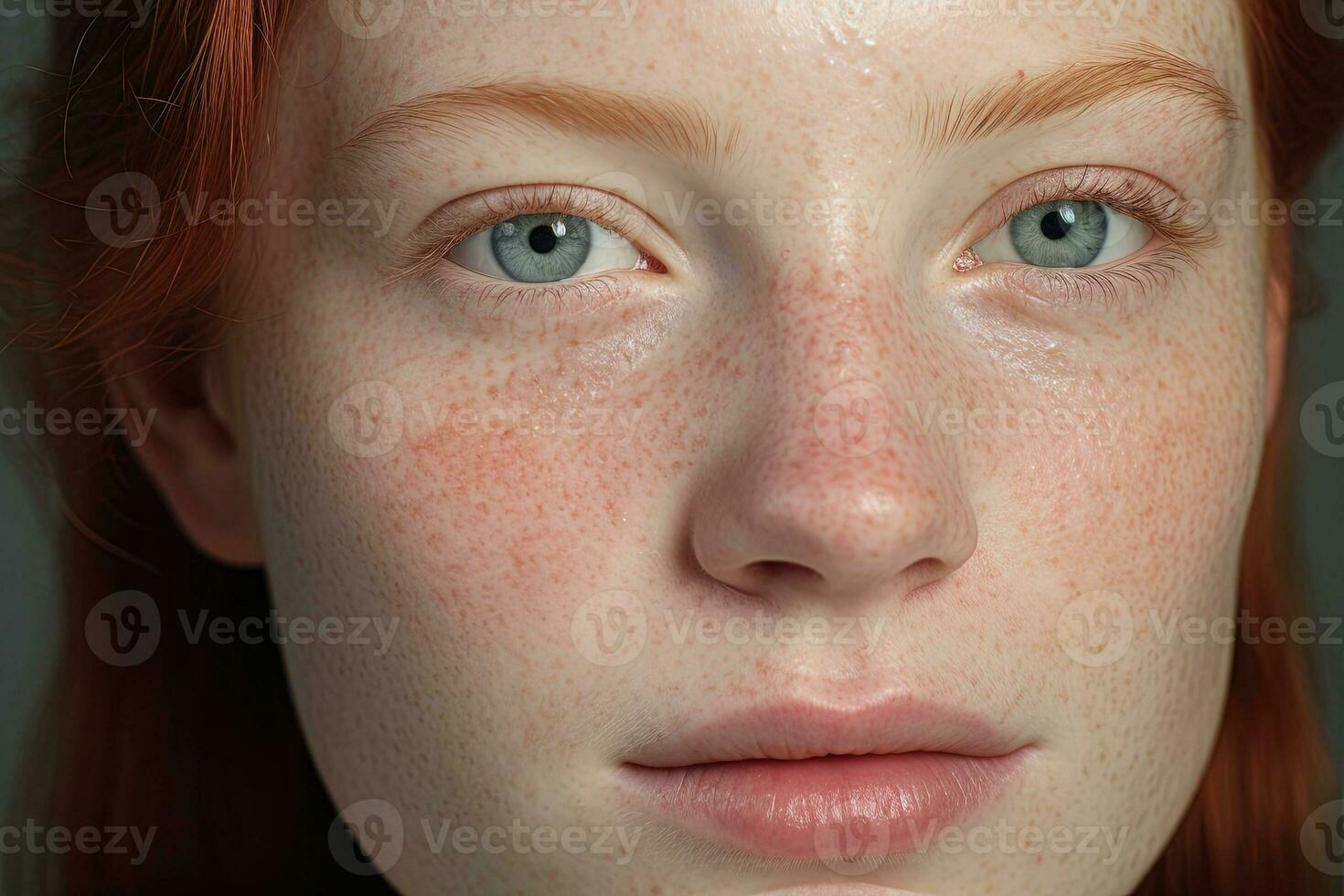 a close up of a woman with freckles,rosacea couperose redness skin AI generated photo