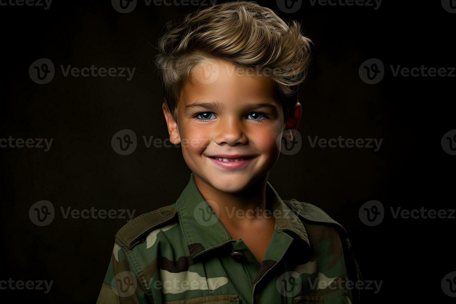 Portrait of a cute little boy in military uniform on dark background AI Generated photo