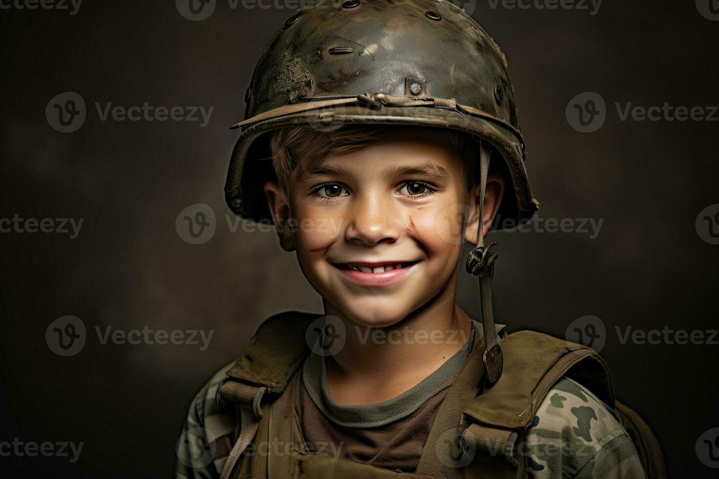 Portrait of a cute little boy in military uniform on dark background AI Generated photo