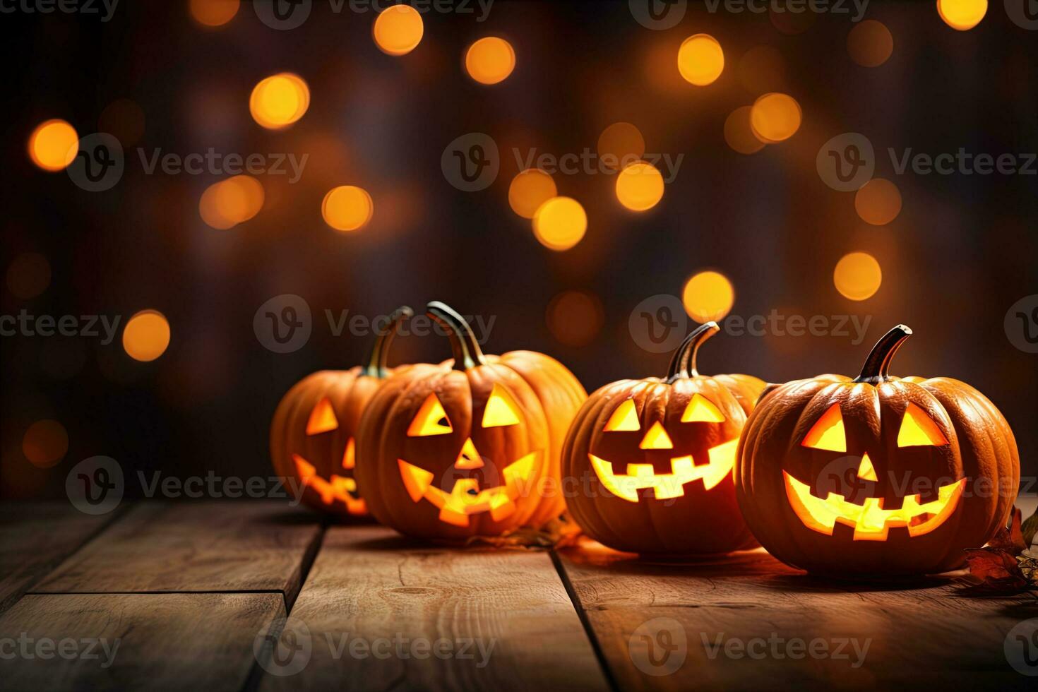 Halloween pumpkins on wooden table with bokeh lights background AI Generated photo