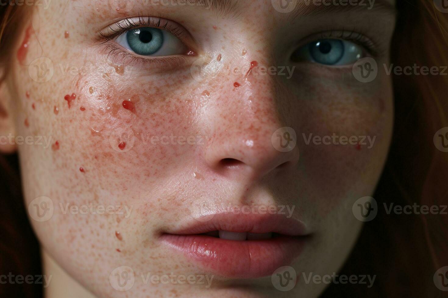 a close up of a woman with freckles AI generated photo