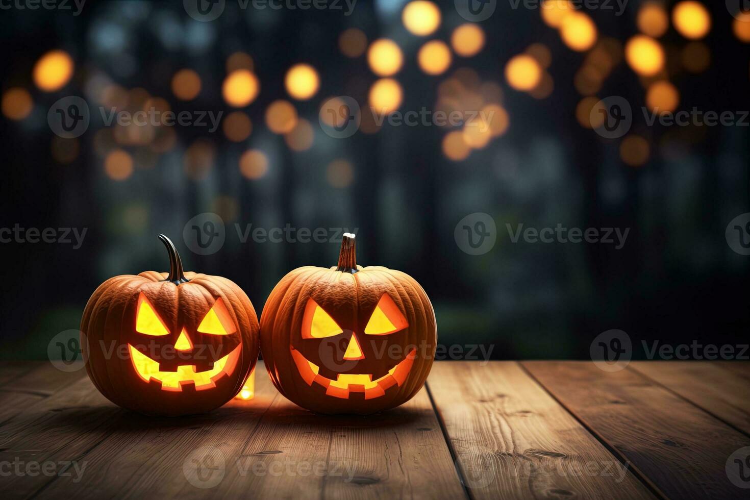 Halloween pumpkins on wooden table with bokeh lights background AI Generated photo