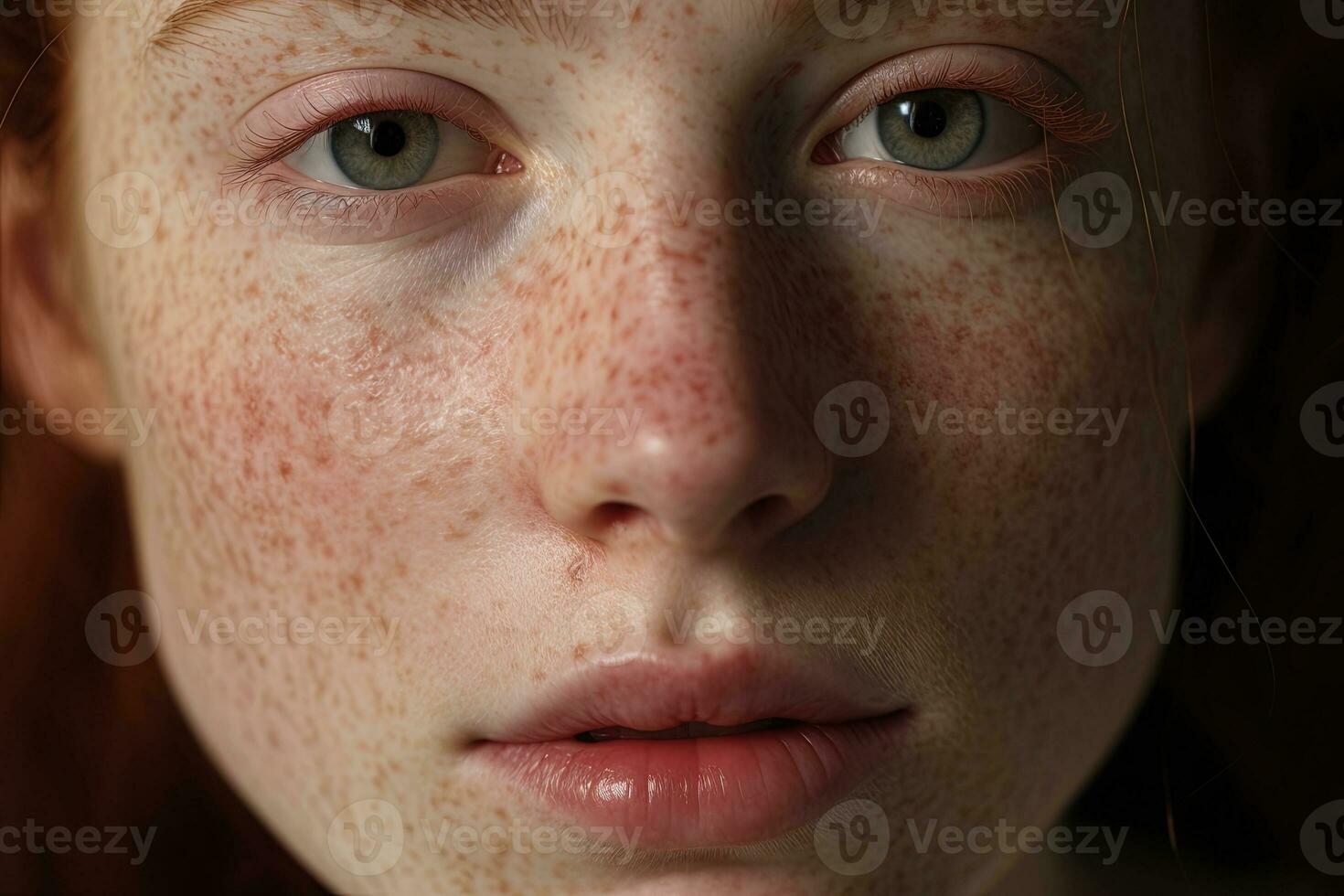 a close up of a woman with freckles AI generated photo