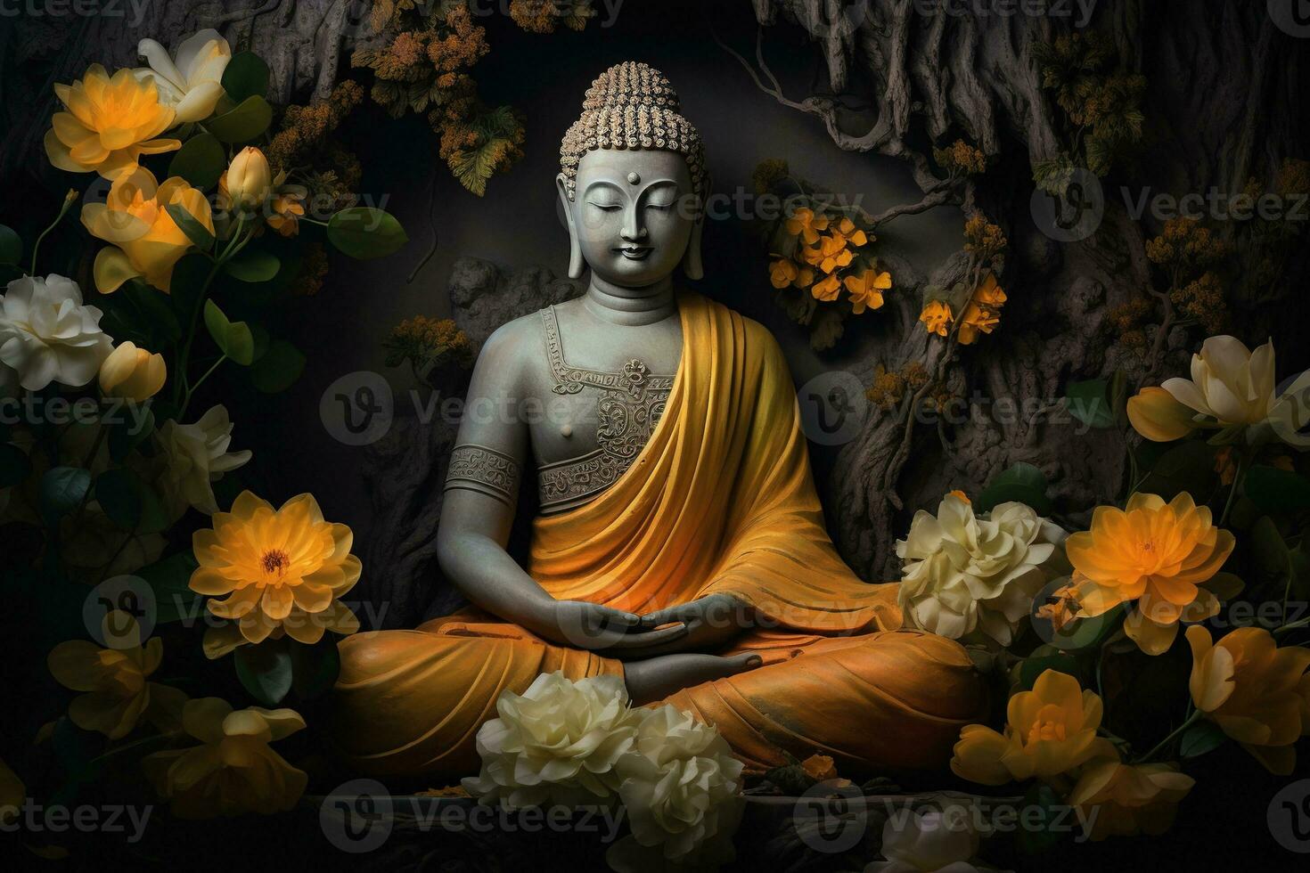 a golden buddha statue surrounded by flowers AI Generated photo