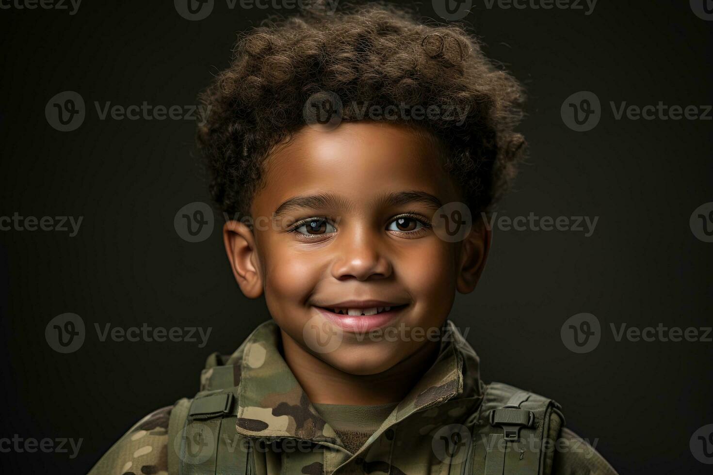 retrato de un linda pequeño chico en militar uniforme en oscuro antecedentes ai generado foto