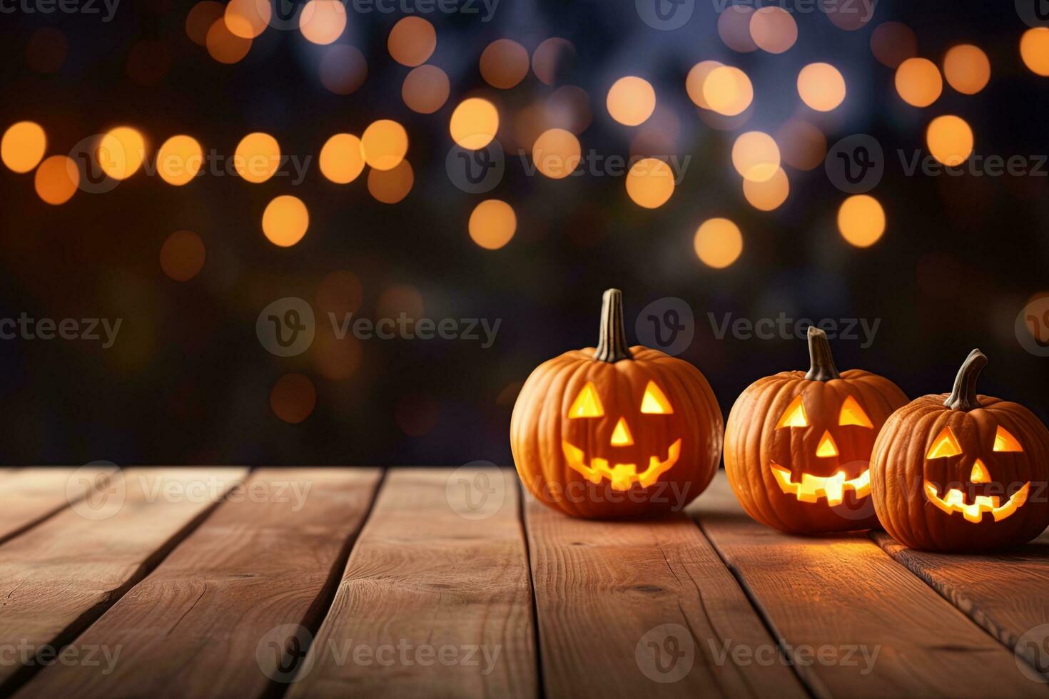 Halloween pumpkins on wooden table with bokeh lights background AI Generated photo