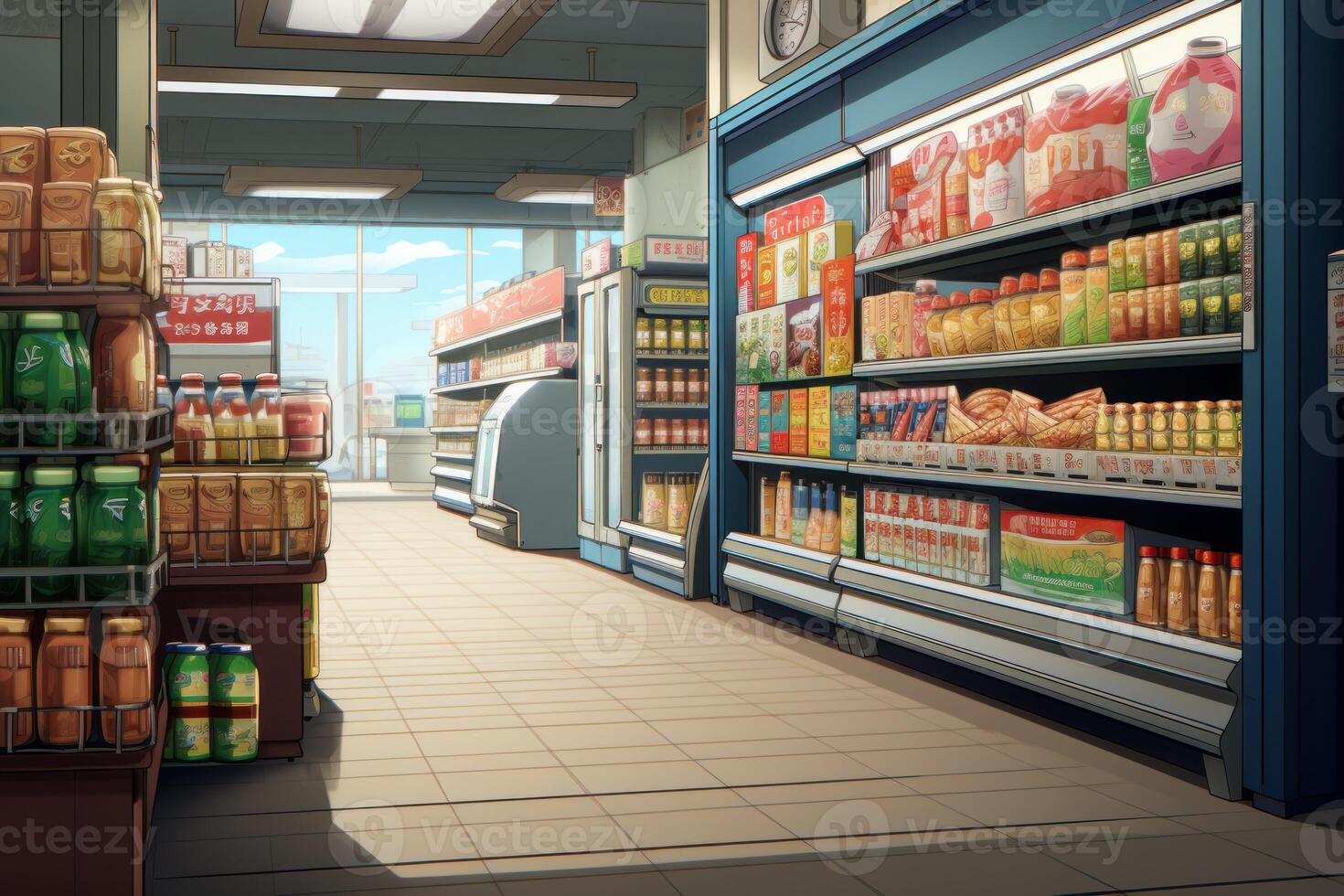 Supermarket cart anime visual novel game. Generate Ai photo
