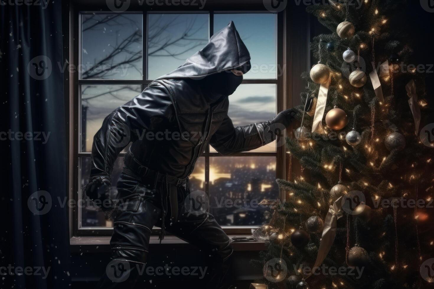 Robber black mask xmas tree. Generate Ai photo