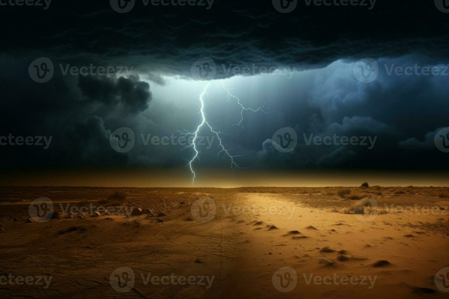 Blue night thunderbolt desert. Generate Ai photo