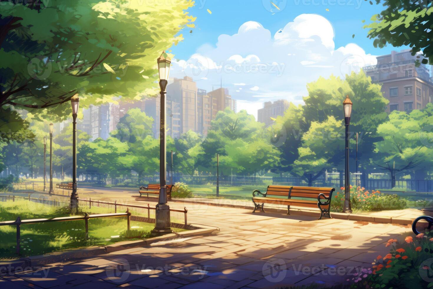 Park green anime visual novel game. Generate Ai photo