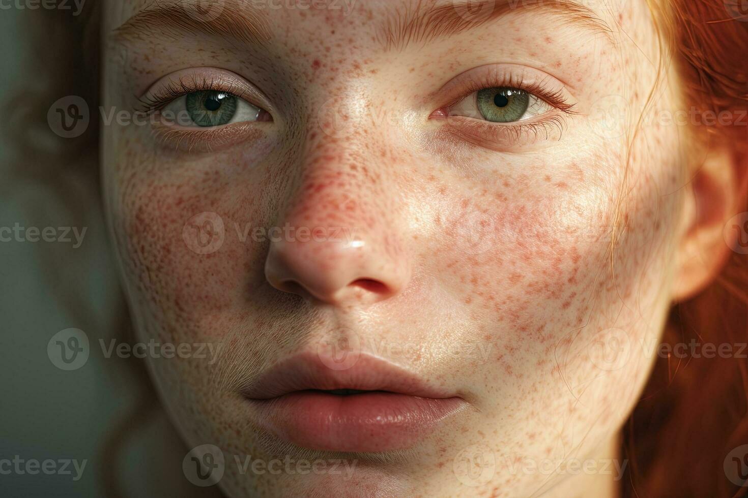a close up of a woman with freckles,rosacea couperose redness skin AI generated photo