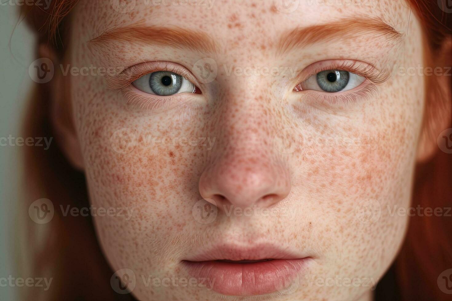 a close up of a woman with freckles AI generated photo