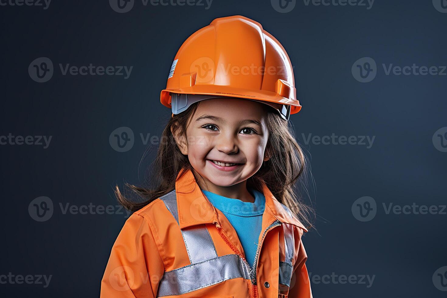 retrato de un sonriente pequeño niña en un construcción casco ai generado foto