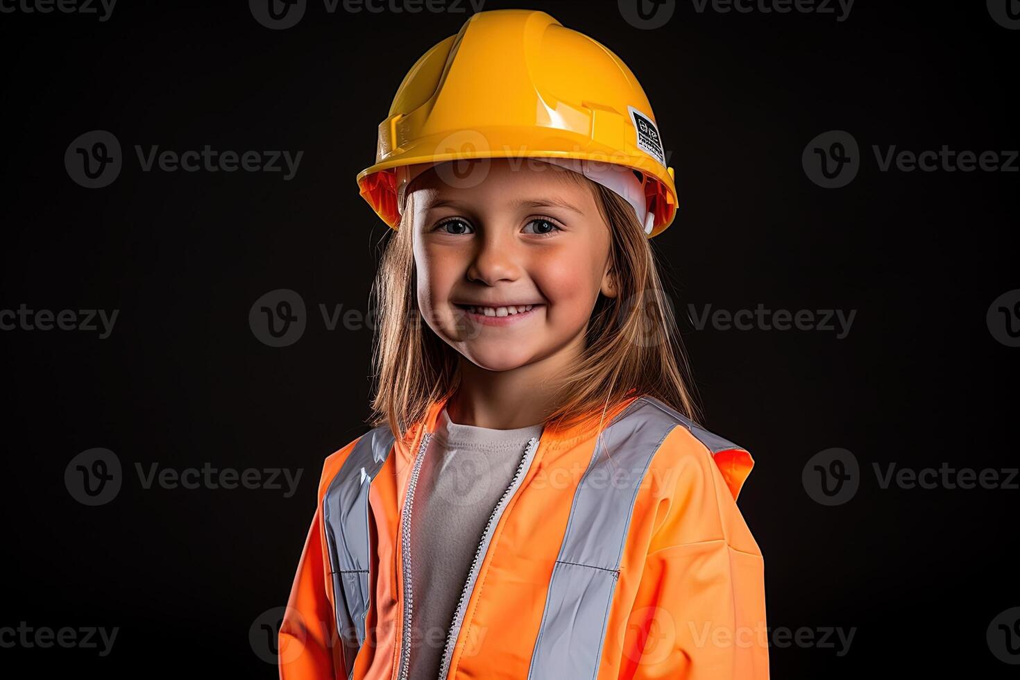 retrato de un sonriente pequeño niña en un construcción casco ai generado foto