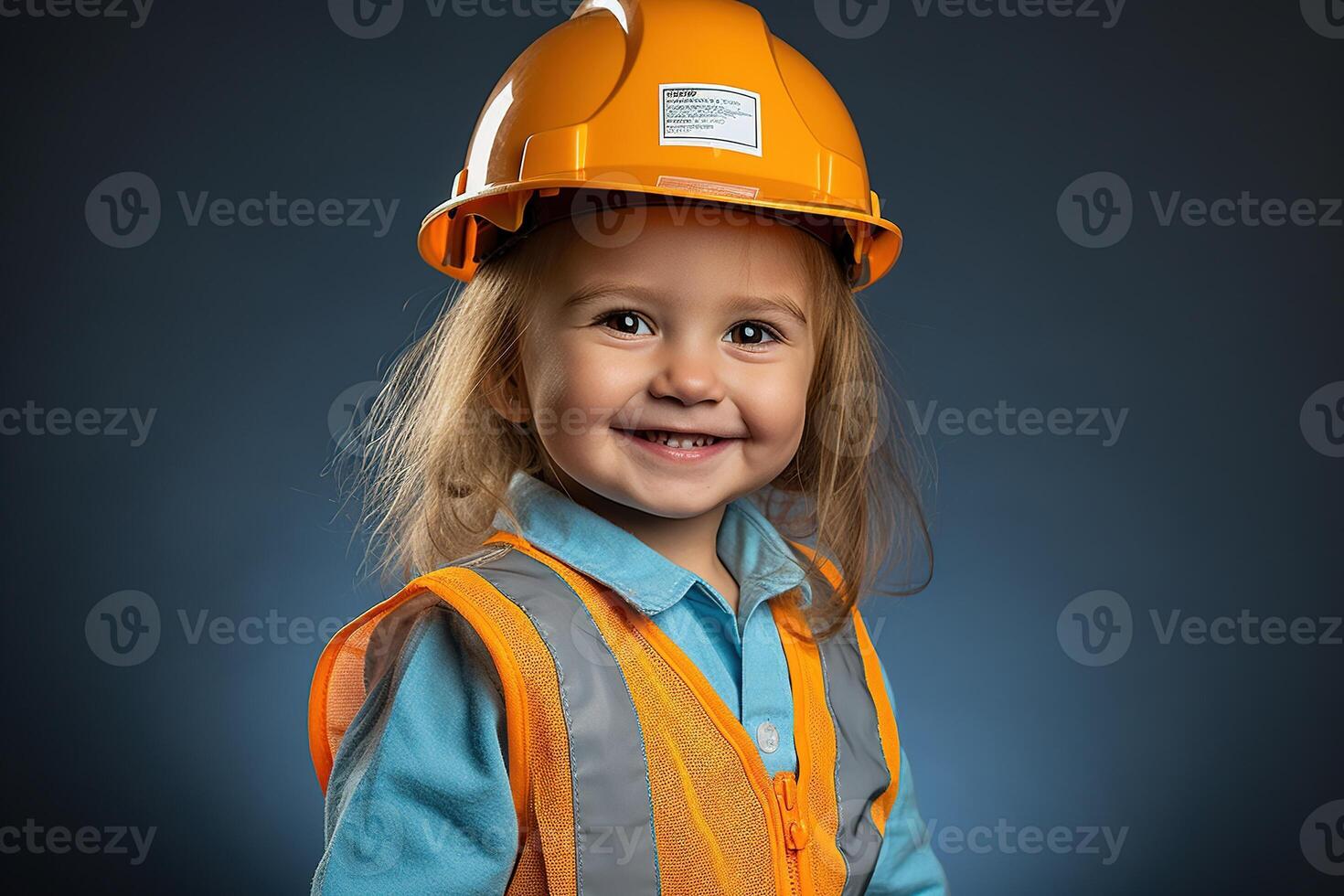 retrato de un sonriente pequeño niña en un construcción casco ai generado foto