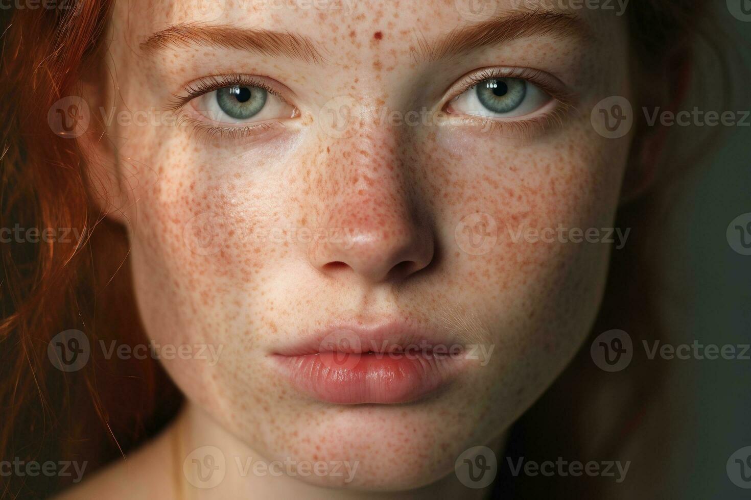a close up of a woman with freckles,rosacea couperose redness skin AI generated photo