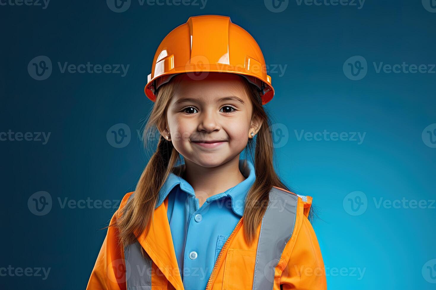 retrato de un sonriente pequeño niña en un construcción casco ai generado foto