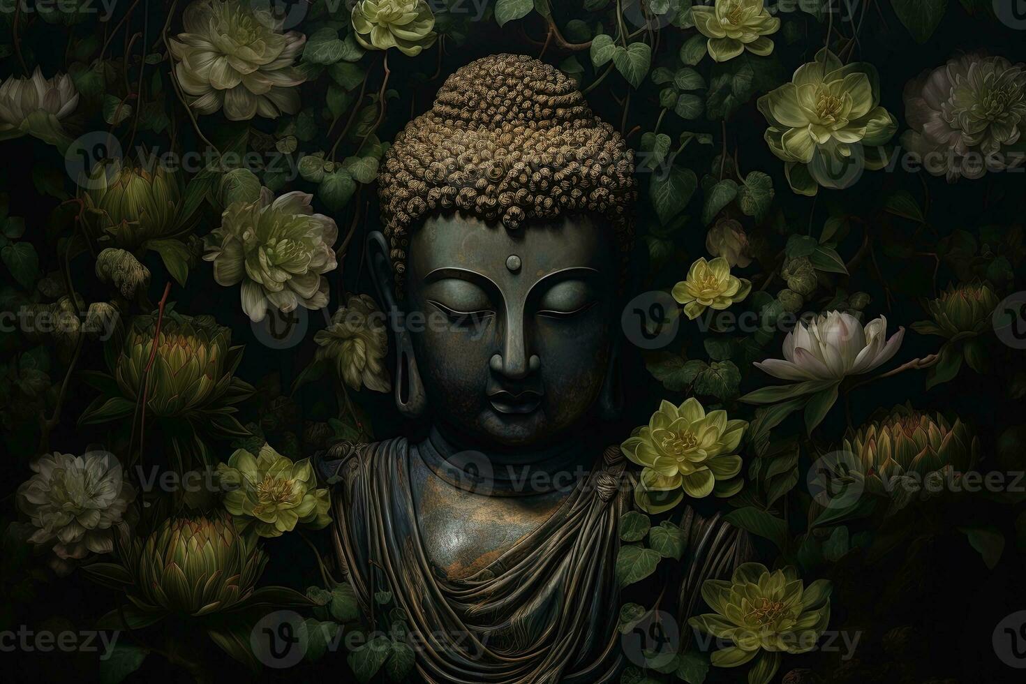 Buddha statue with lotus flower and green leaves background AI Generated photo