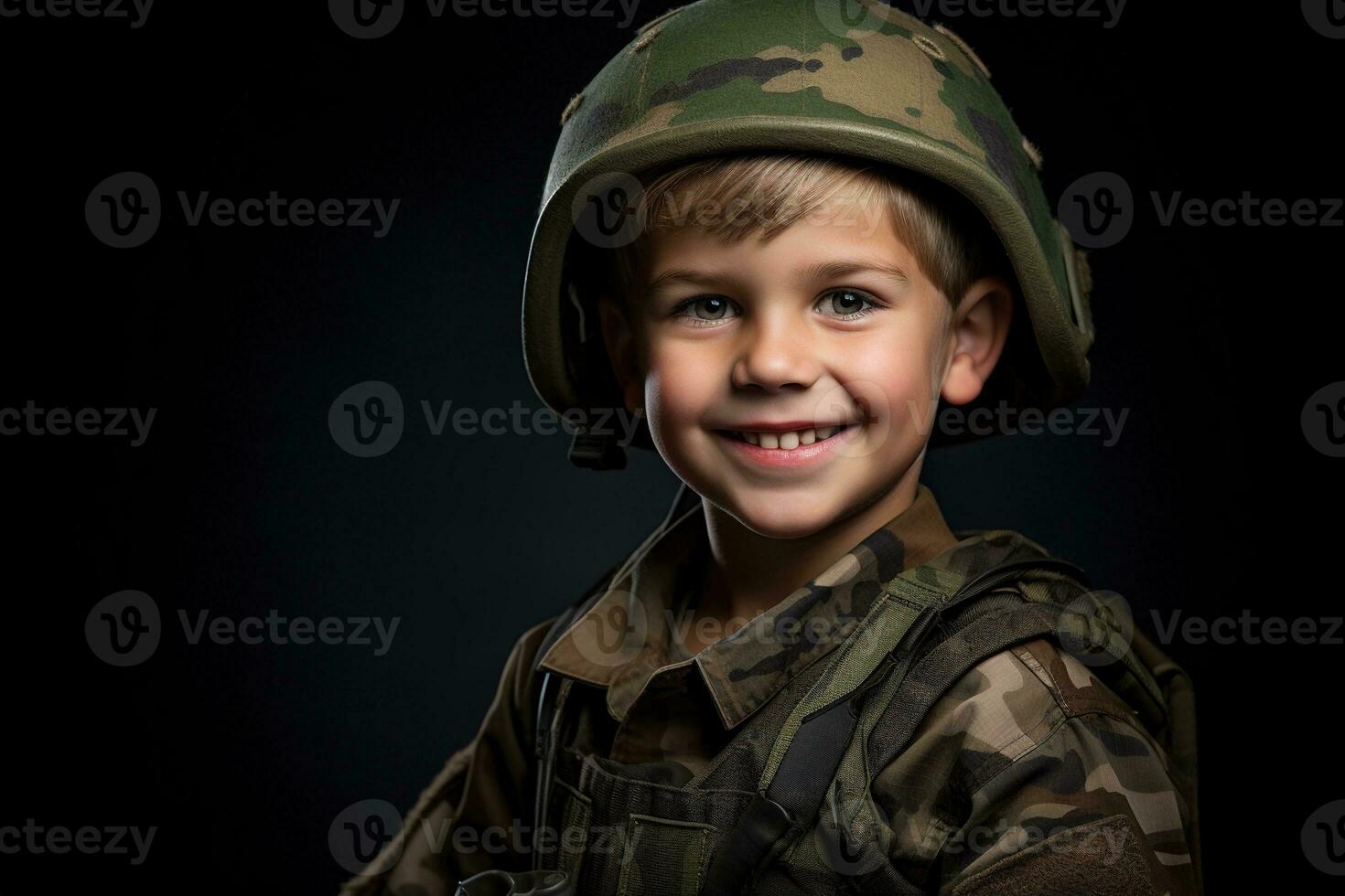 Portrait of a cute little boy in military uniform on dark background AI Generated photo