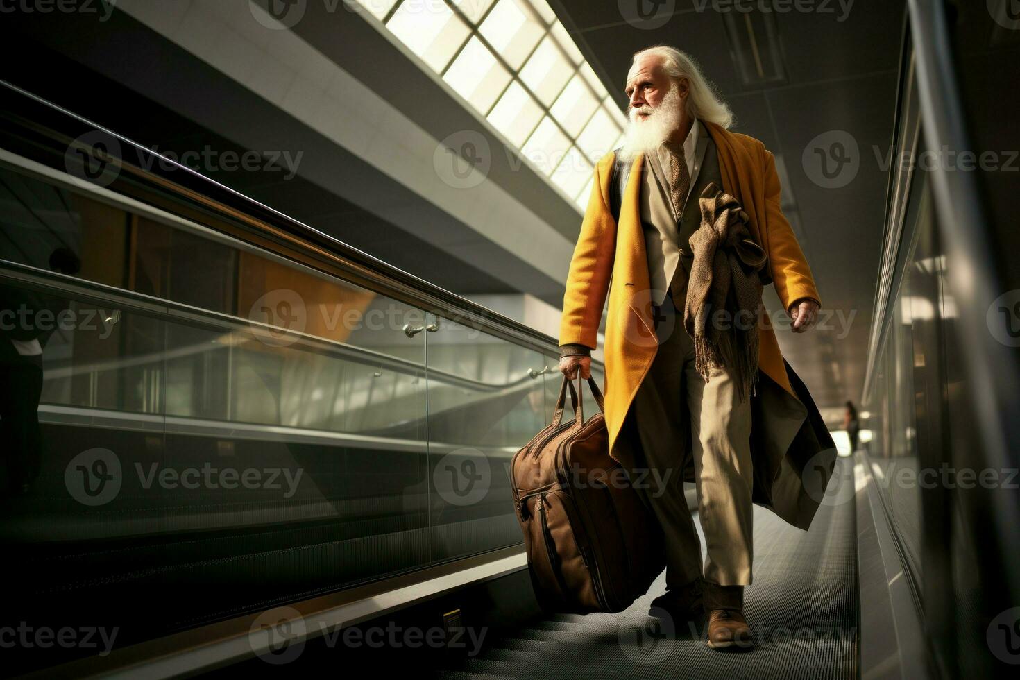 Old man luggage escalator moving. Generate Ai photo