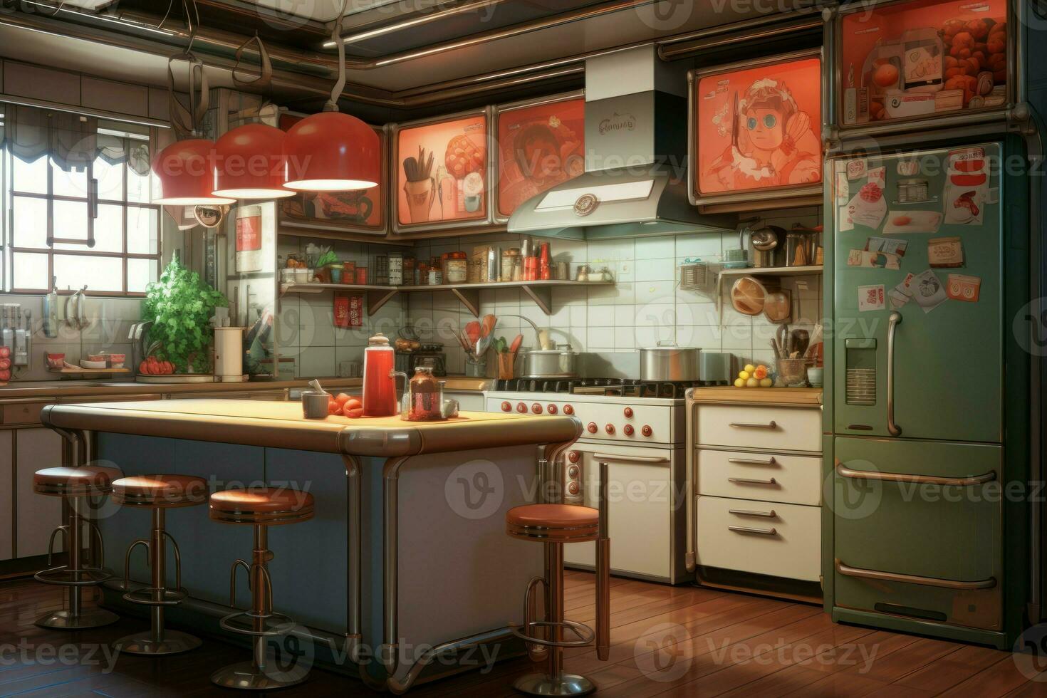 Kitchen island anime visual novel game. Generate Ai photo