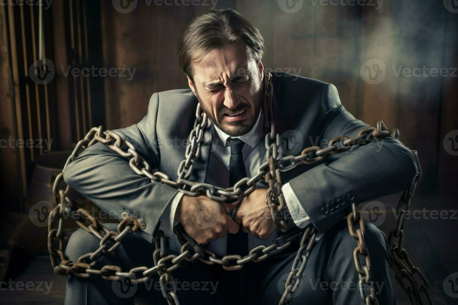 Office man chains by work debt. Generate Ai photo