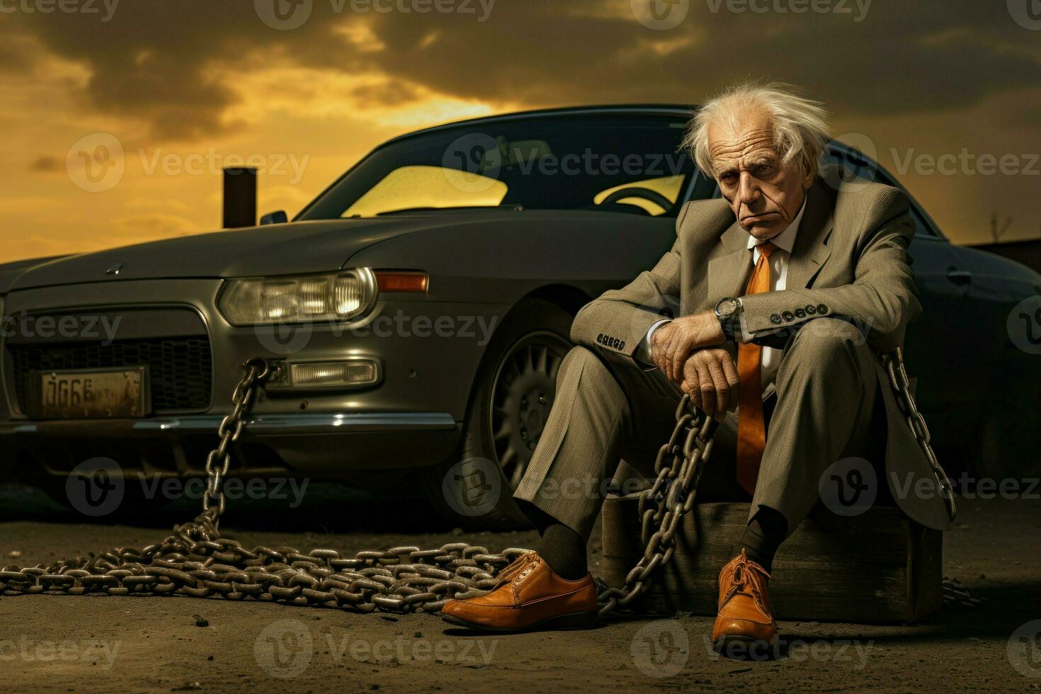 Old man chained to car. Generate Ai photo