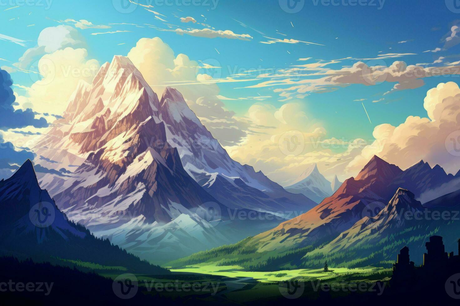 montañas paisaje anime visual novela juego. generar ai foto