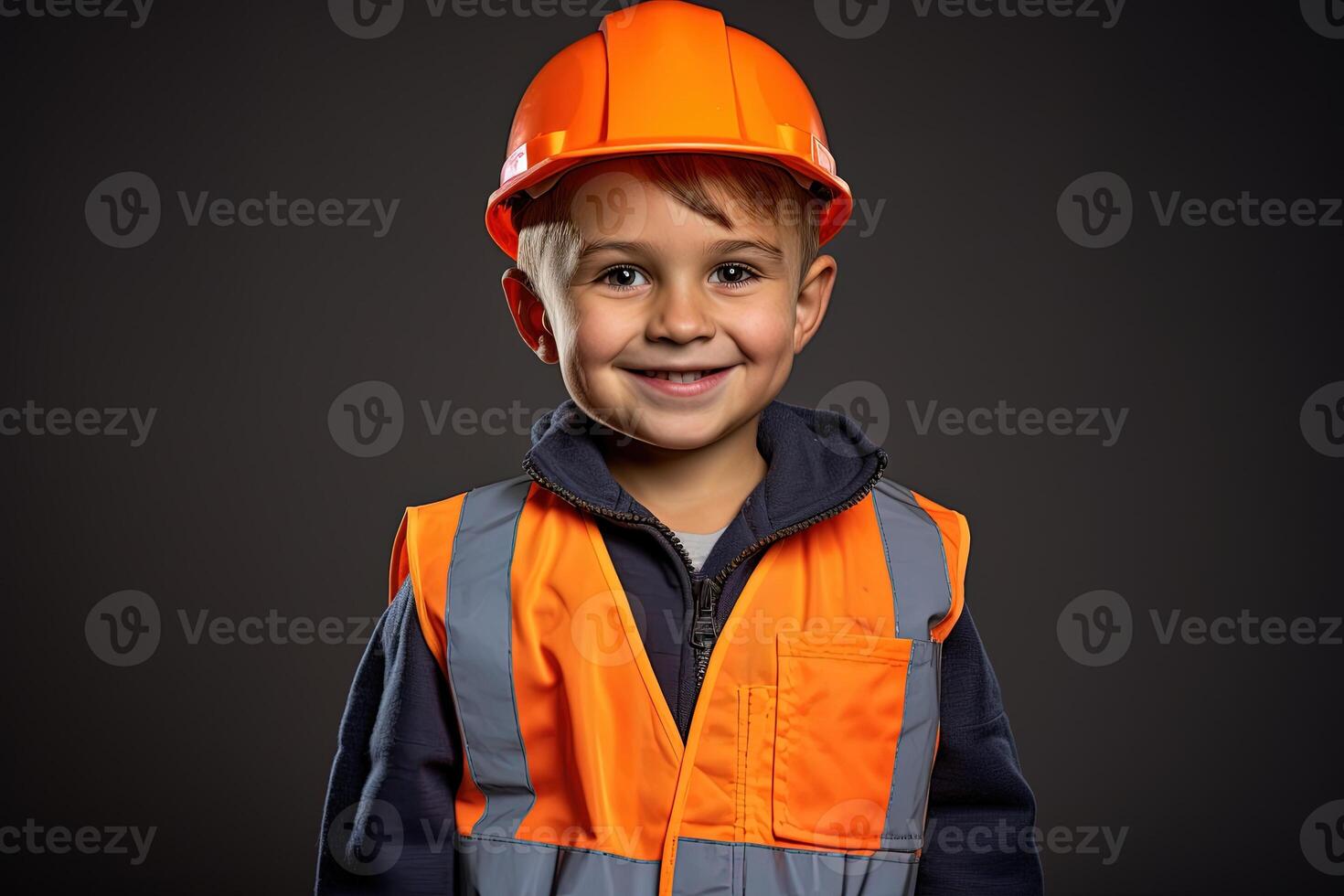 retrato de un linda pequeño chico en un construcción casco ai generado foto