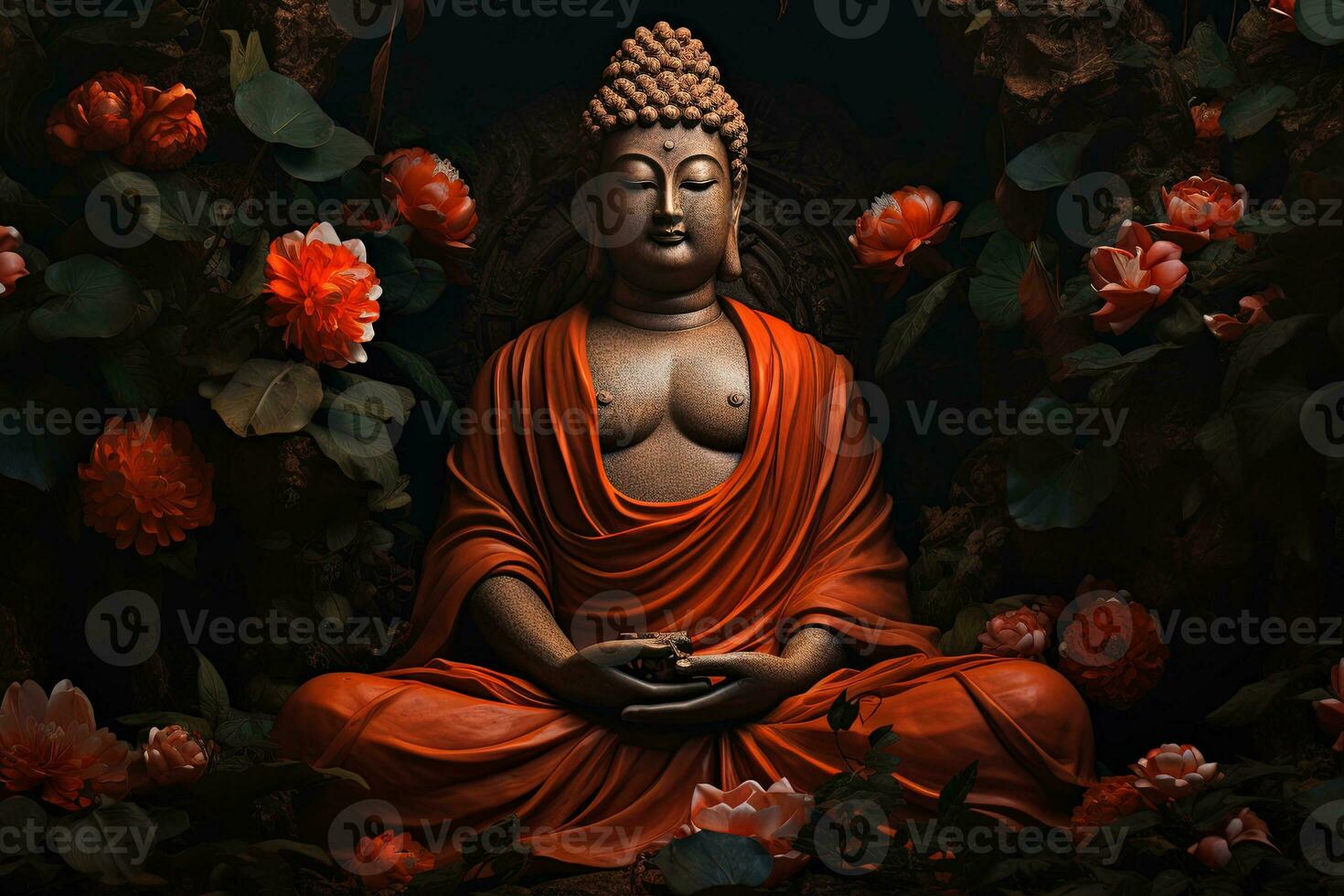Buddha statue surrounded by orange flowers on a black background AI Generated photo