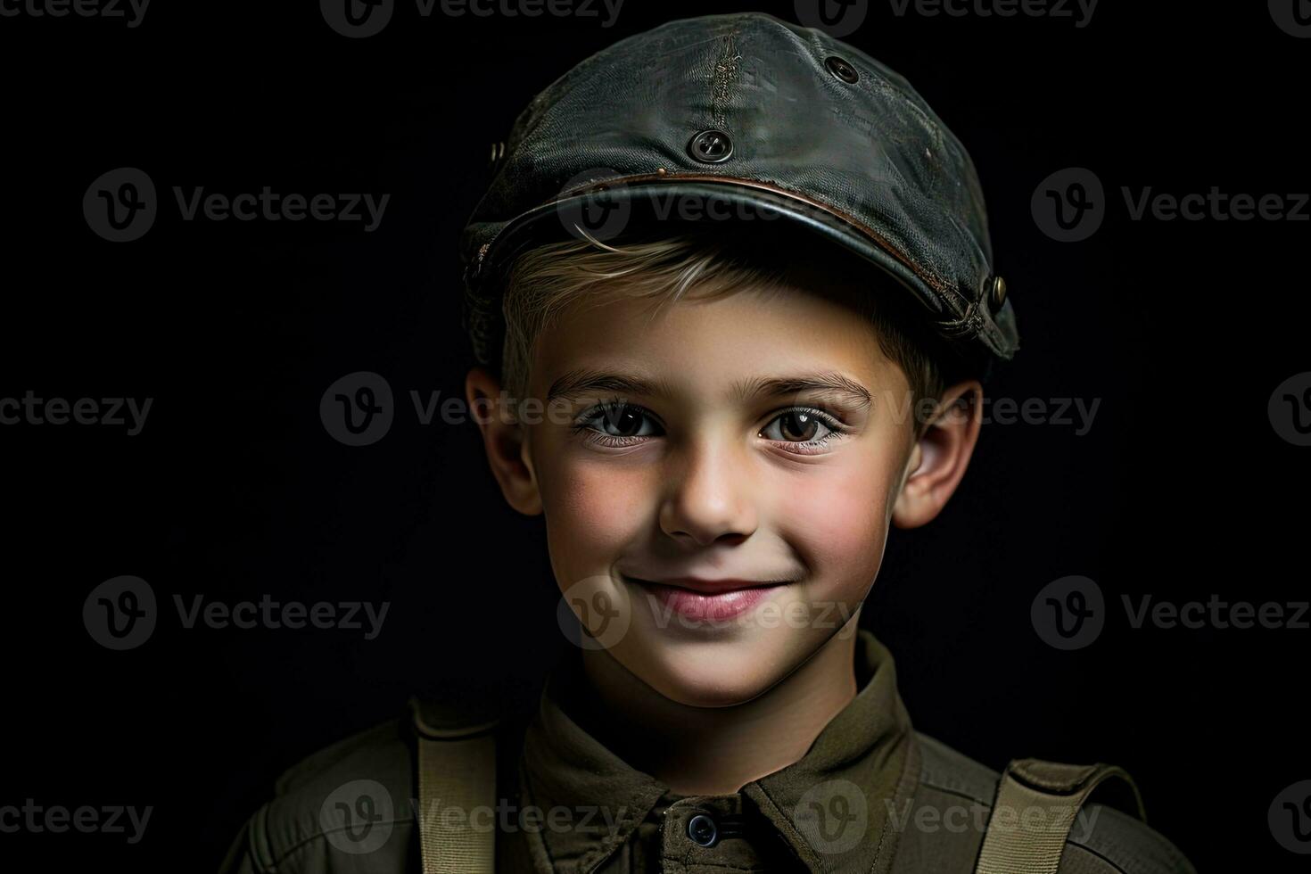 retrato de un linda pequeño chico en militar uniforme en oscuro antecedentes ai generado foto