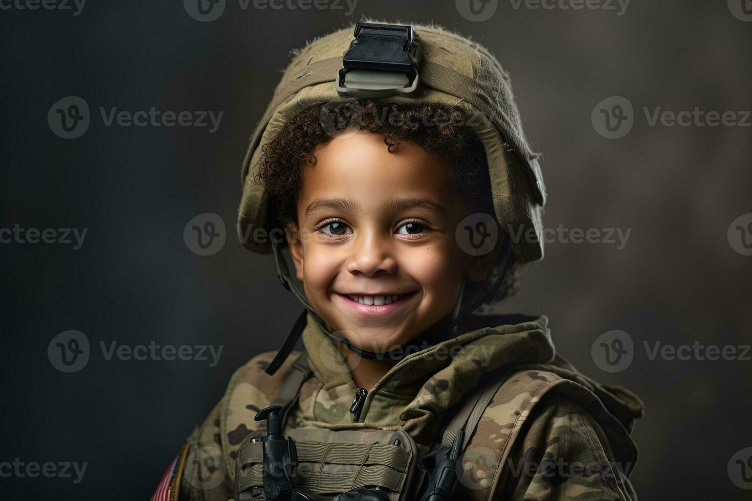 Portrait of a cute little boy in military uniform on dark background AI Generated photo