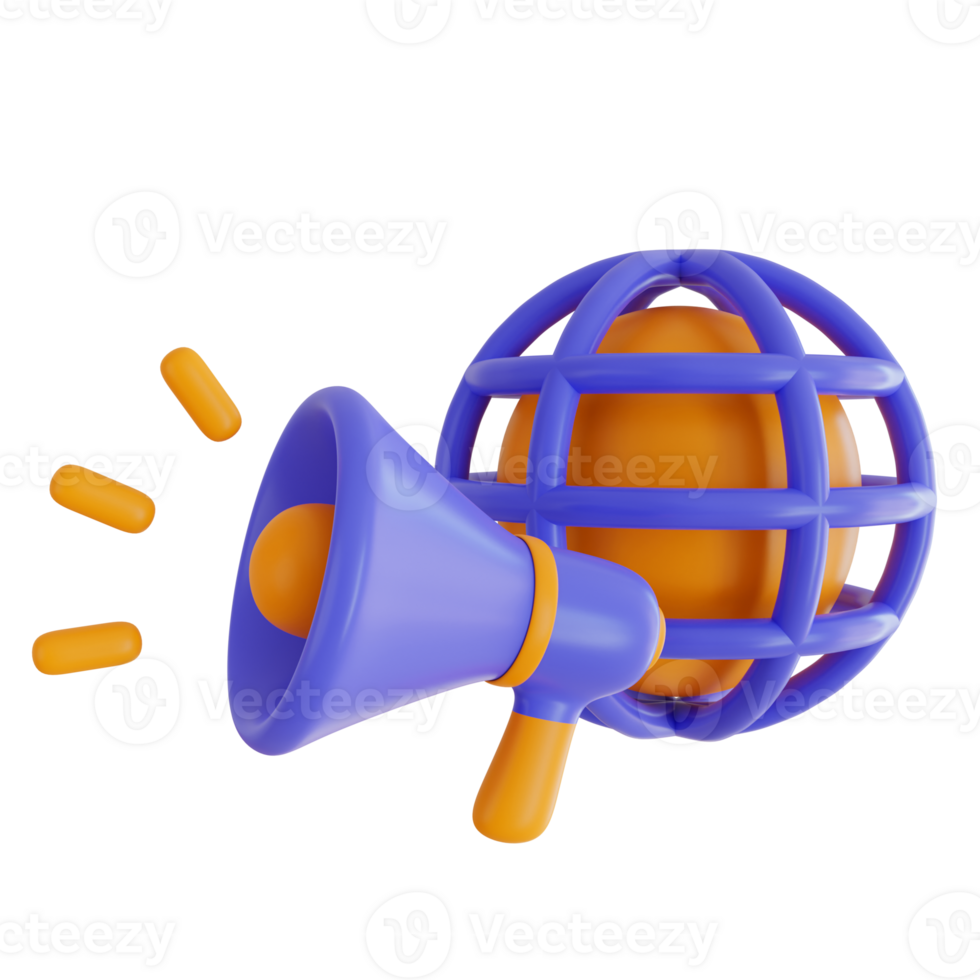 3d Render icon. megaphone and planet icon on transparent background. png