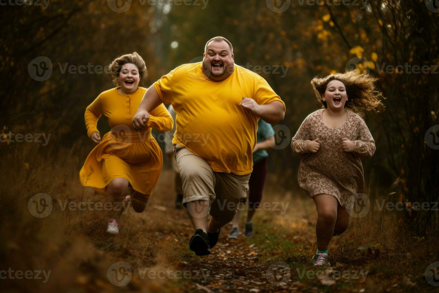 Cheerful fat family run. Generate Ai photo