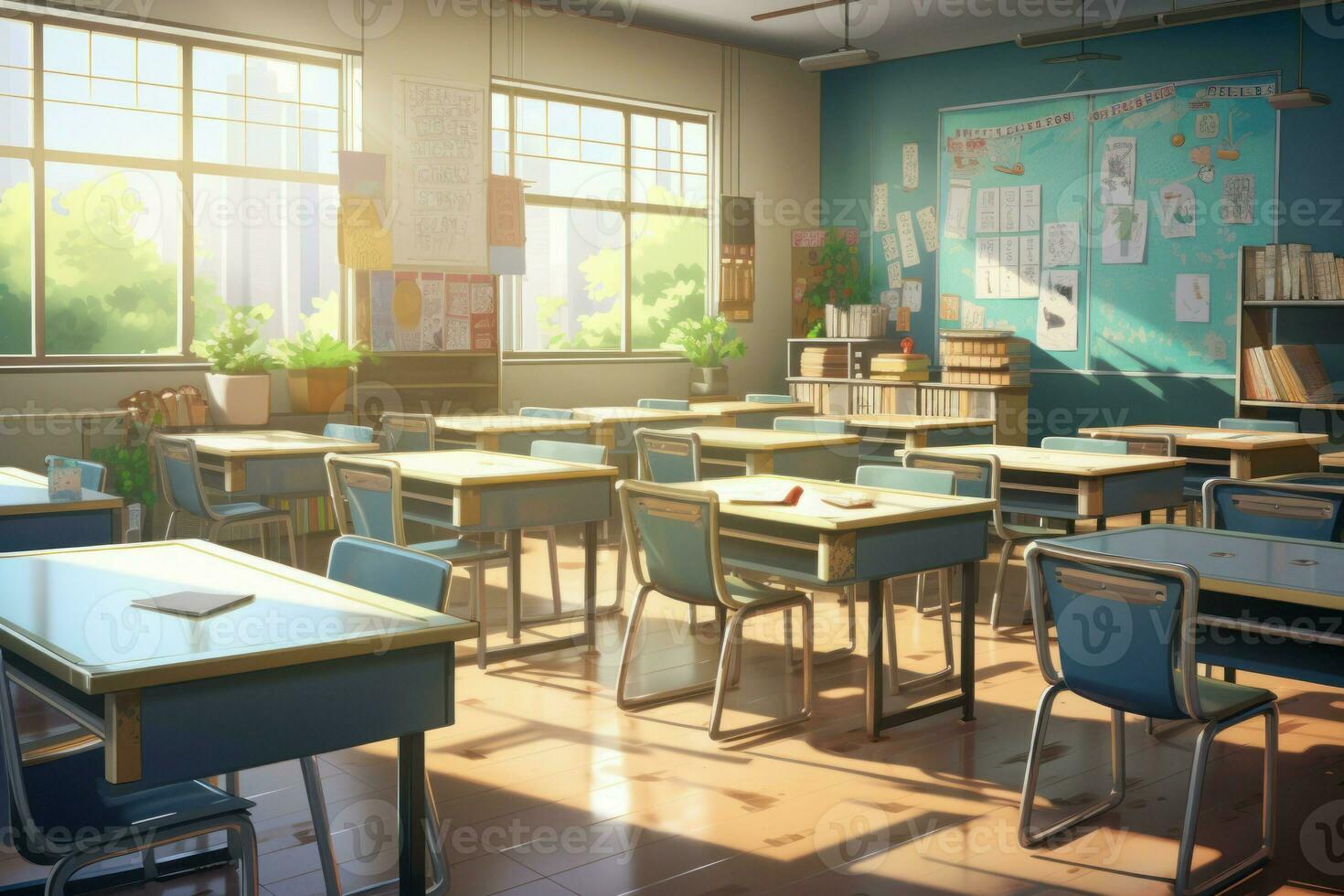 vacío salón de clases anime visual novela juego. generar ai foto