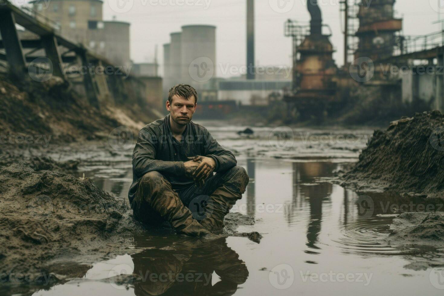 Man sits city river dirty ground. Generate Ai photo