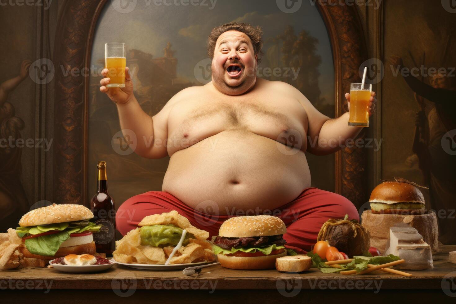 Fat man eats burger and drinks soda. Generate Ai photo