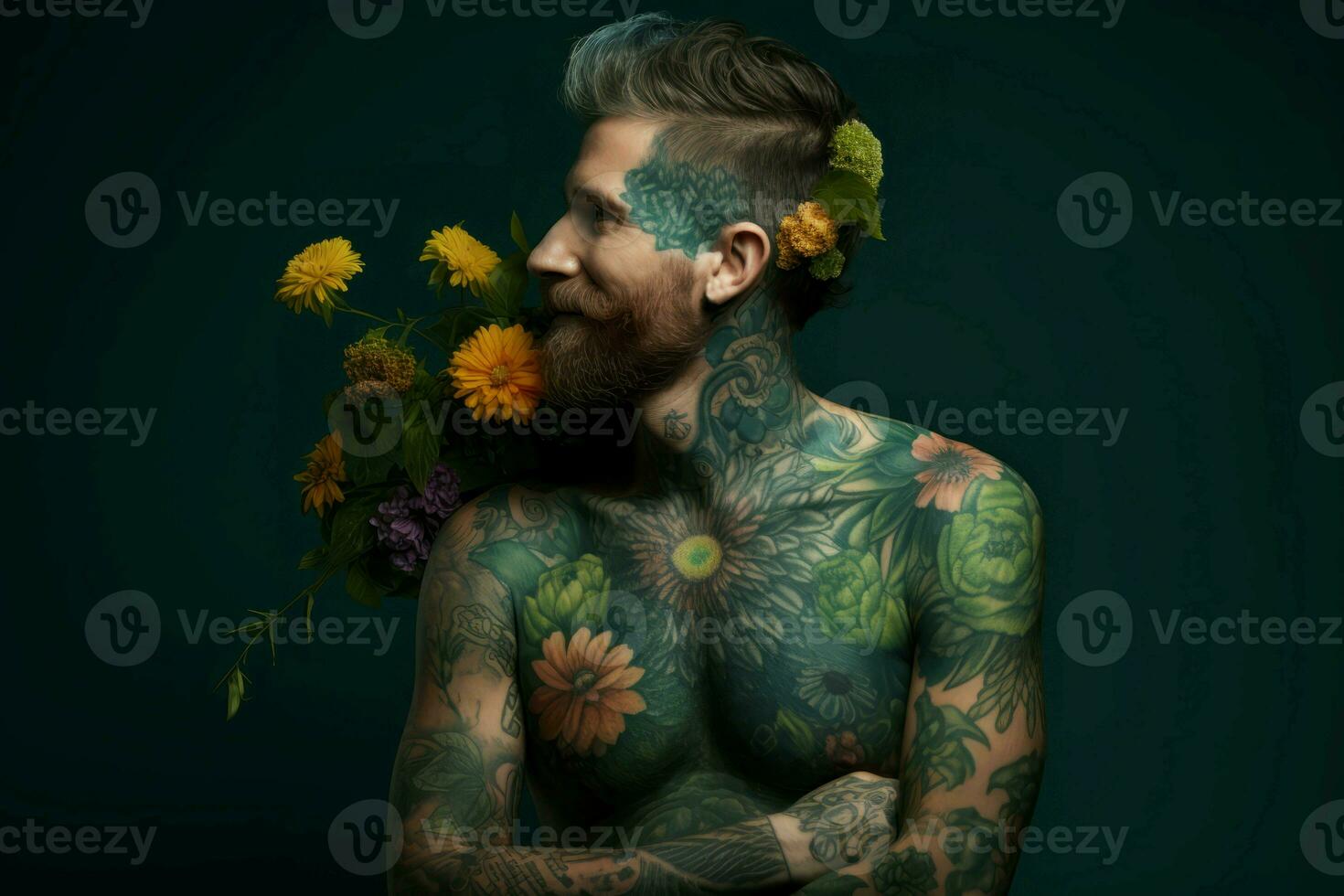 Green man plant tattoo. Generate Ai photo