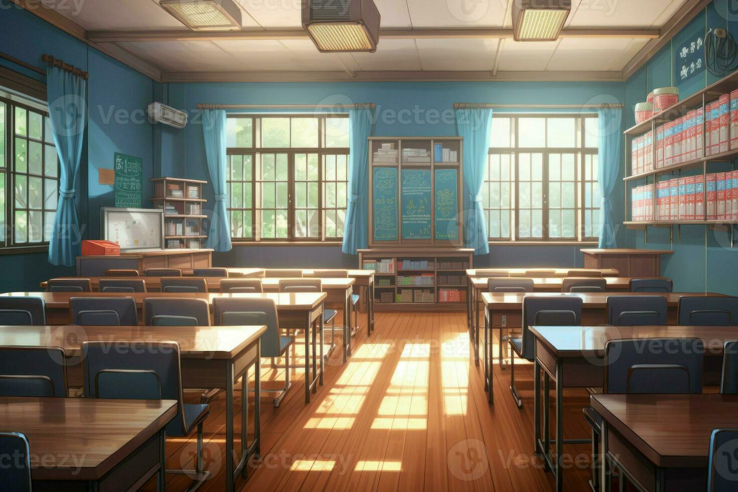 salón de clases luz de sol anime visual novela juego. generar ai foto