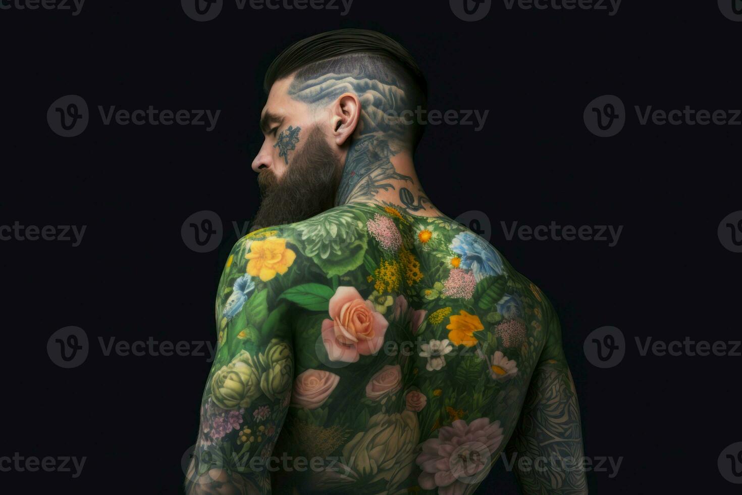 verde hombre espalda tatuaje. generar ai foto