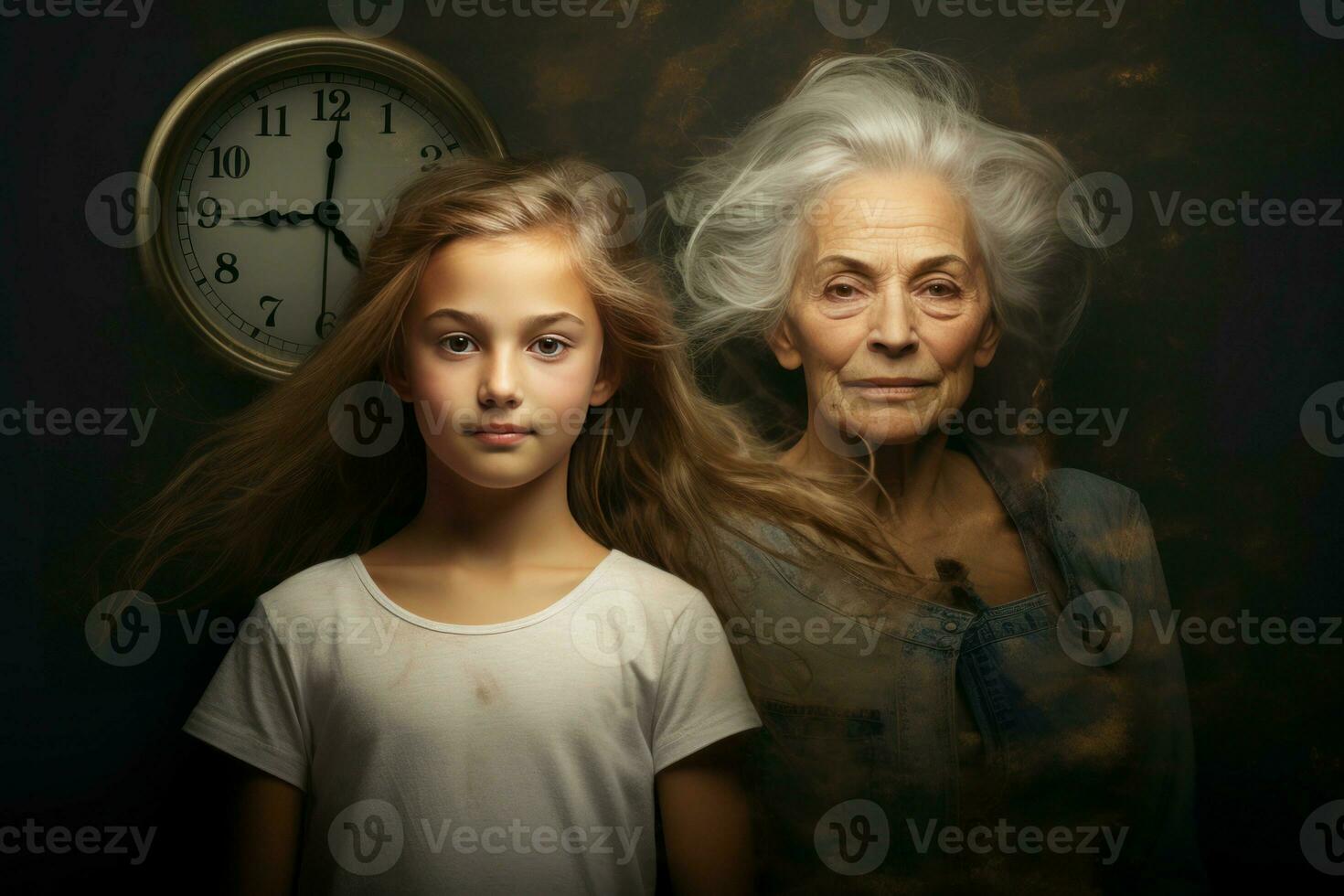 Fast time run concept senior woman and girl. Generate Ai photo