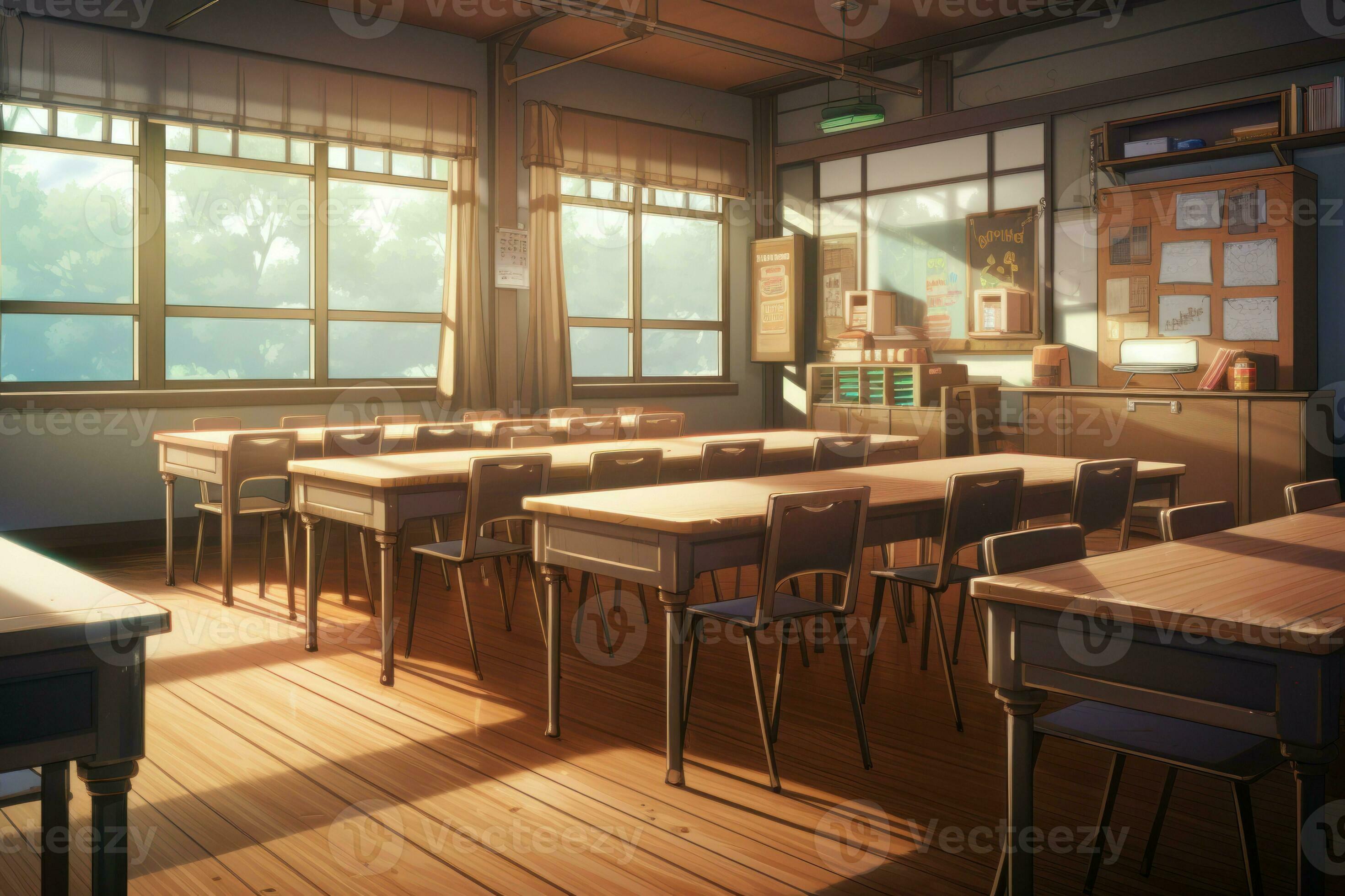 Premium AI Image  Anime scene of a classroom with a flower on a desk