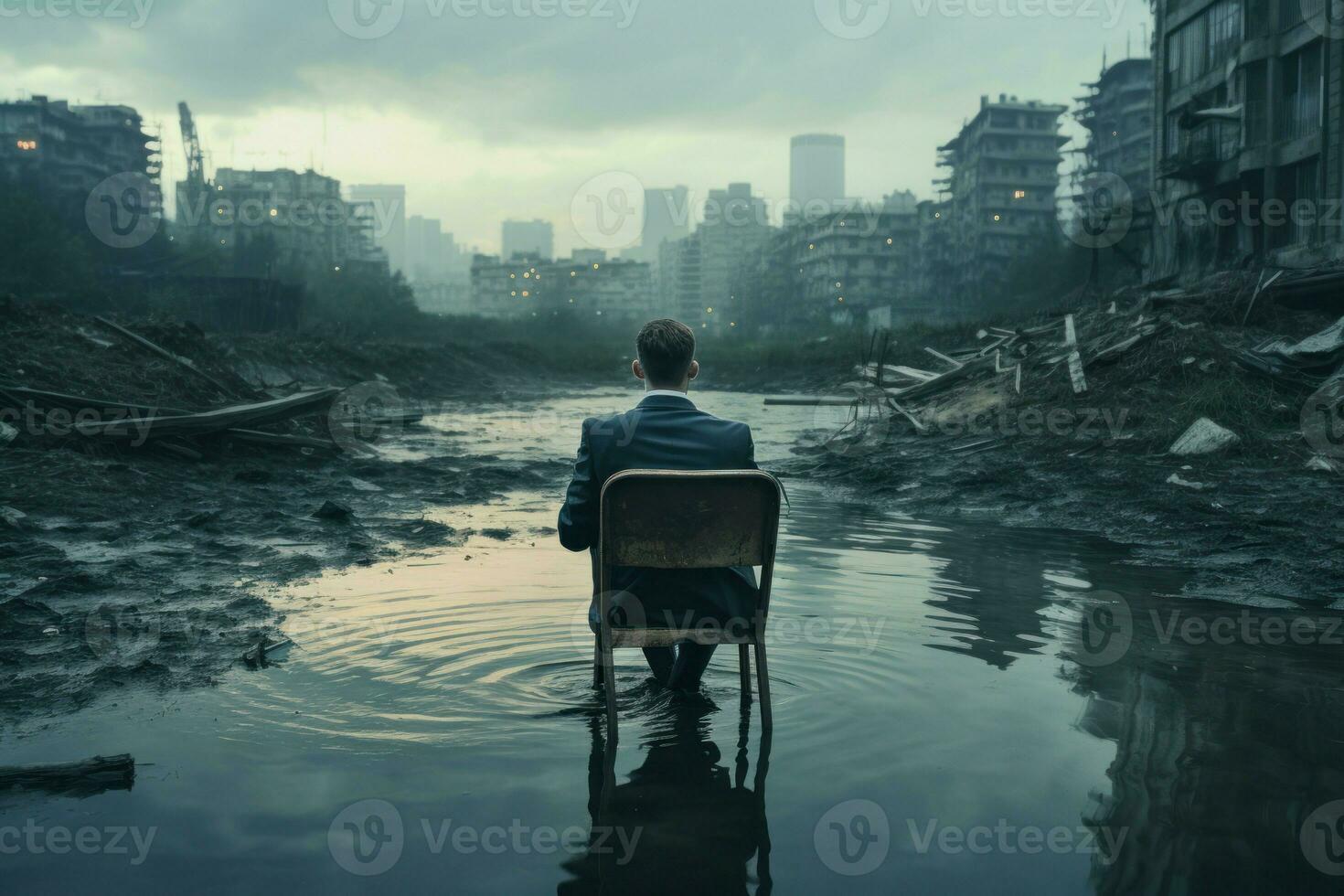 hombre se sienta silla ciudad río. generar ai foto