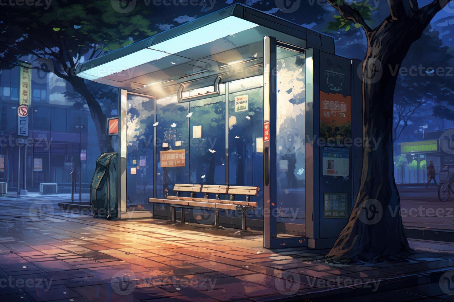 Bus stop lights night anime visual novel game. Generate Ai photo